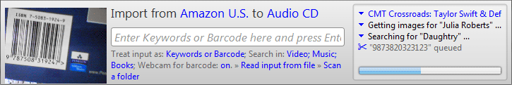 MediaMan import panel, Import from Amazon U.S. to Audio CD, Enter Keywords or Barcode here 
and Press Enter, Treat input as: Keywords or Barcode; Search in: Video; Music; Books; Webcam for
barcode: on, Read input from file, Scan a folder