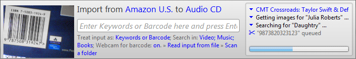 MediaMan import panel, Import from Amazon U.S. to Audio CD, Enter Keywords or Barcode here 
and Press Enter, Treat input as: Keywords or Barcode; Search in: Video; Music; Books; Webcam for
barcode: on, Read input from file, Scan a folder